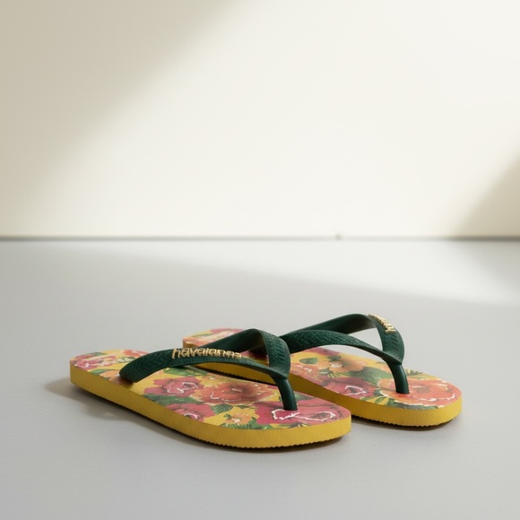 Havaianas Shoes - Havaianas Yellow Floral Flip Flops with Green Straps